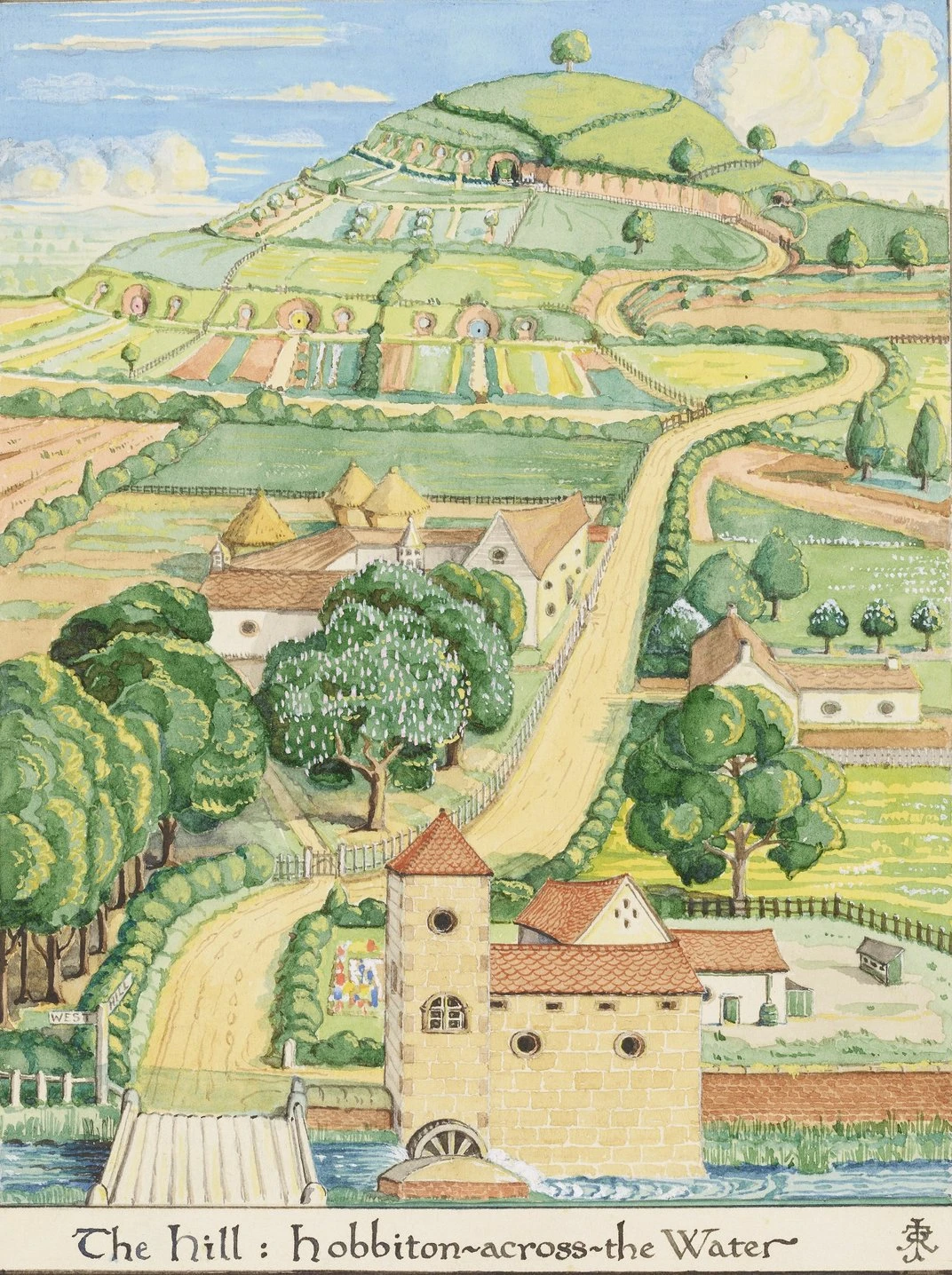 An aerial view of Hobbiton, a green, pastoral landscape of rolling hills with a mill, farms and small houses dotting the landscape