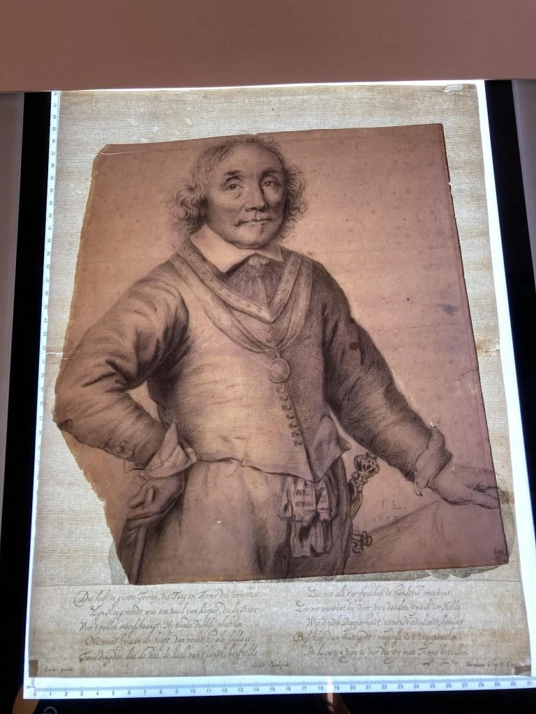 Jan Lievens' <em>Portrait of Admiral Maarten Harpertszoon Tromp (1597–1653)</em> (ca. 1652/53) overlaid with the famous print after the drawing.  Photo courtesy of Christopher Bishop Fine Art, New York.  ” width=”768″ height=”1024″ srcset=”https://news.artnet.com/app/news-upload/2022/06/Superimposition-768×1024.jpg 768w, https://news.artnet.com /app/news-upload/2022/06/Superimposition-225×300.jpg 225w, https://news.artnet.com/app/news-upload/2022/06/Superimposition-1152×1536.jpg 1152w, https://news .artnet.com/app/news-upload/2022/06/Superimposition-38×50.jpg 38w, /app/news-upload/2022/06/Superimposition.webp 1412w” sizes=” (max-width: 768px) 100vw, 768px”/></p>
<p id=