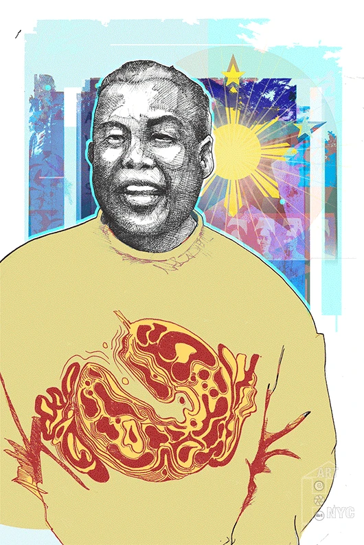 Illustrated portrait of a man wearing a flashy sweater and animated colors