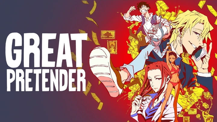 Great Pretender commercial featuring the main cast on a colorful background
