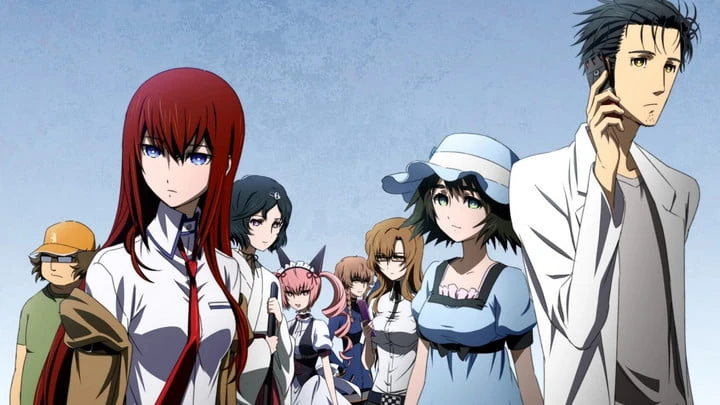The main cast of Steins;Gate in advertising art