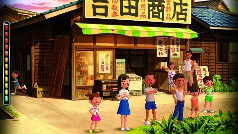 Boku hangs out with friends in front of a shop in My Summer Vacation 4