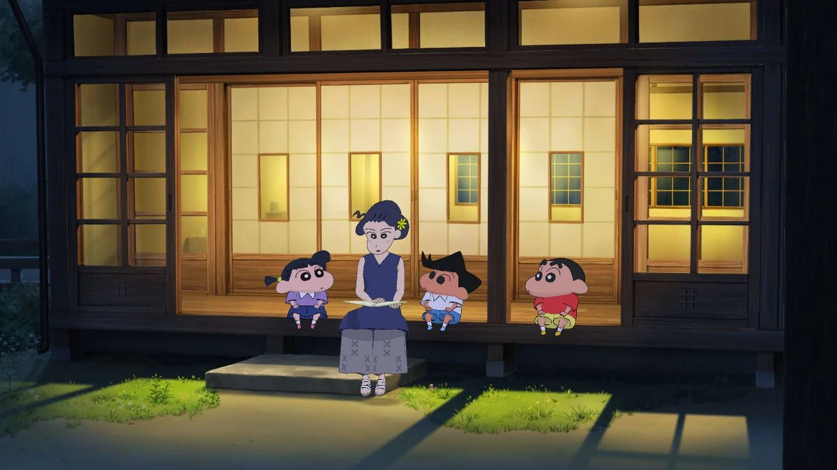 Shin-can and his friends relax on a porch at night in Shin-chan: Me and the Professor on Summer Vacation