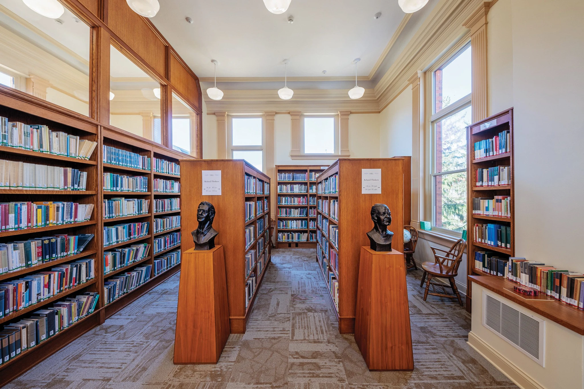 Busts of Howard and Edna Hong occupy a prominent place in the new Hong Kierkegaard Library.  Photo by Evan Pak '19