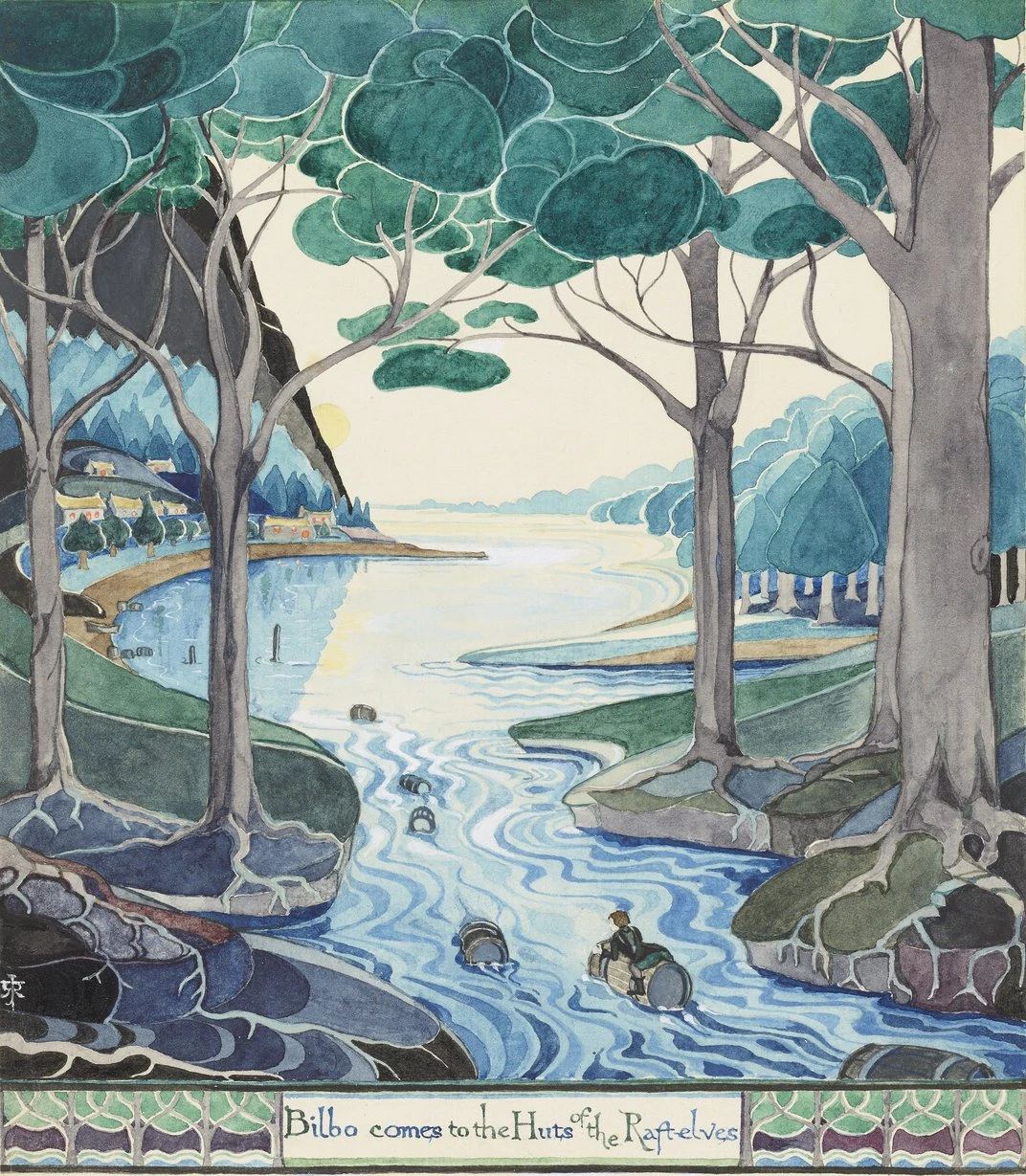 A watery teal scene of a little hobbit clinging to a branch and swimming down a beautiful river